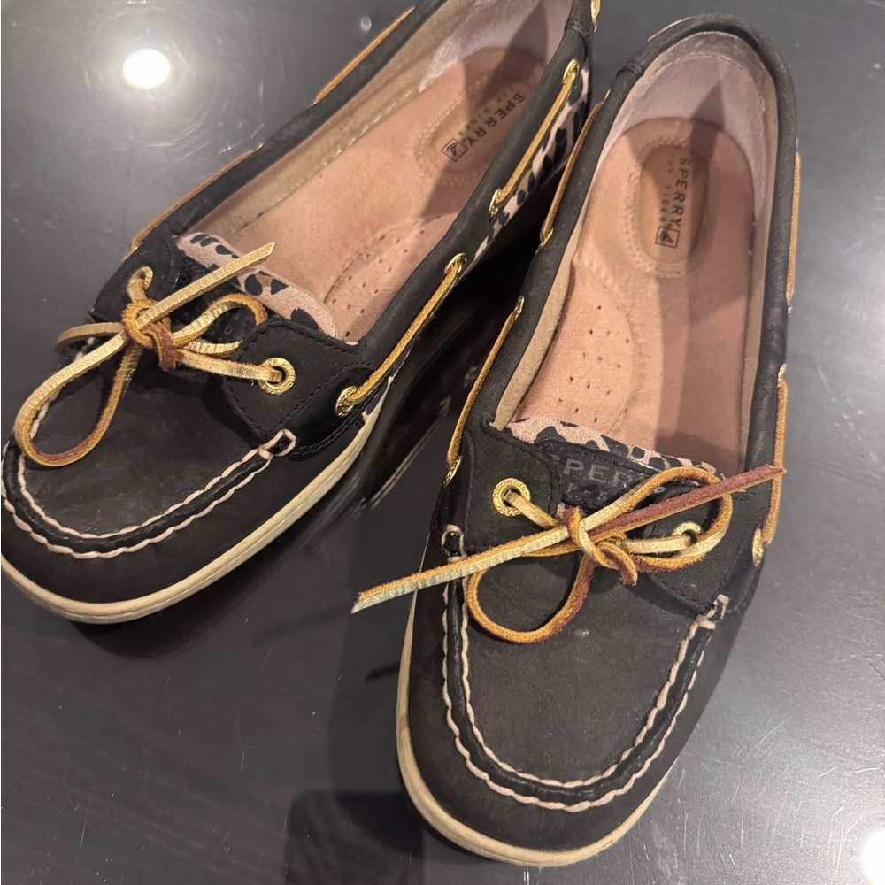Sperry Black Leather Boat Shoes with Gold Accent Eyelets